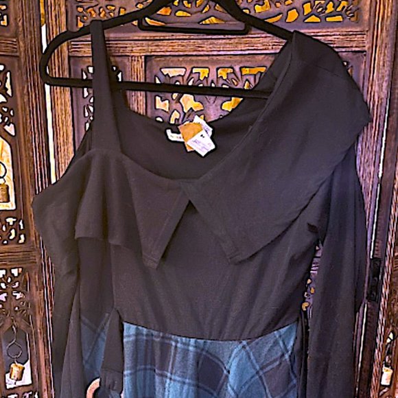 DRESSFO BLACK & GREEN PLAID ONE SHOULDER LONG SLEEVE A LINE DRESS WITH BELT XXL - Picture 1 of 7